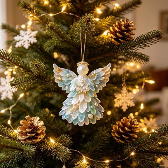 Kuokaa Iridescent Christmas Hanging Ornament, Pale Shell-Look Plastic Pendant with Decorative Subject for Tree Garland and Window Display (Angel)