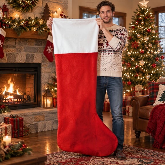 Kuokaa Jumbo Red Christmas Stocking for Fireplace, Oversized White Cuff Holiday Gift Bag with Hanging Loop, 59 in