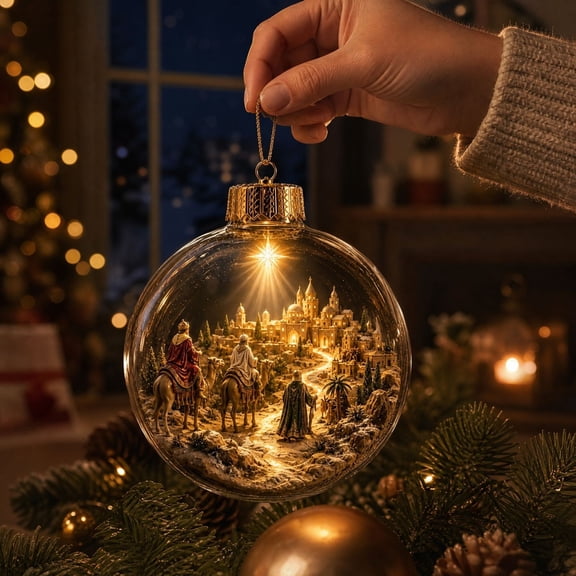 Kuokaa Lighted 3D Christmas Ball Ornament, 3.1-Inch Clear Globe with Mini Holiday Scene for Tree and Seasonal Display (Nativity Panorama)