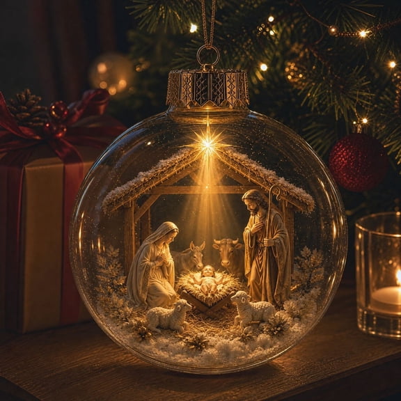 Kuokaa Lighted 3D Christmas Ball Ornament, 3.1-Inch Clear Globe with Mini Holiday Scene for Tree and Seasonal Display (Nativity Stable)