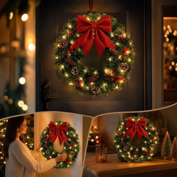 Kuokaa Lighted Christmas Pinecone Wreath, Green Artificial Pine Branch Wreath with Red Bow Berries and Warm Lights, Holiday Front Door Wall Porch Decor