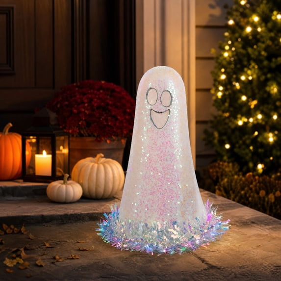 Kuokaa Lighted Sequin Ghost Figurine with White Draped Shape and Colorful Base Glow, Halloween Tabletop Decoration, 9.84 in (Lighted Sequin Ghost)