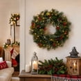 thumbnail image 1 of Kuokaa Lighted Snowy Pinecone Christmas Wreath, 17.72 x 17.72 in Green PVC Pine Needle Wreath with Red Berries, Holiday Front Door Wall Window Fireplace Decor, 1 of 7