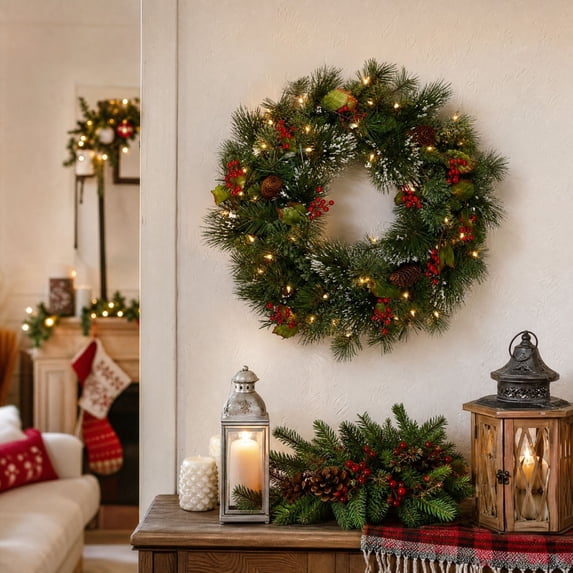 Kuokaa Lighted Snowy Pinecone Christmas Wreath, 17.72 x 17.72 in Green PVC Pine Needle Wreath with Red Berries, Holiday Front Door Wall Window Fireplace Decor