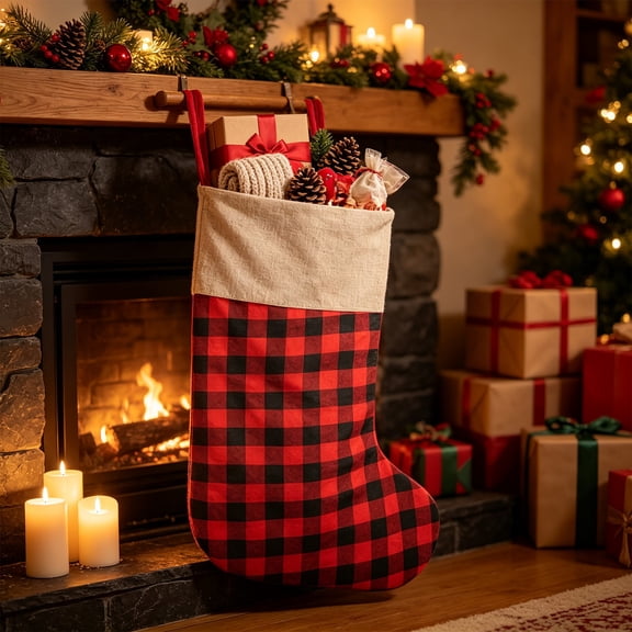 Kuokaa Oversized Red Buffalo Check Christmas Stocking, Large Fabric Fireplace Hanging Gift Bag with Natural Linen Look Cuff