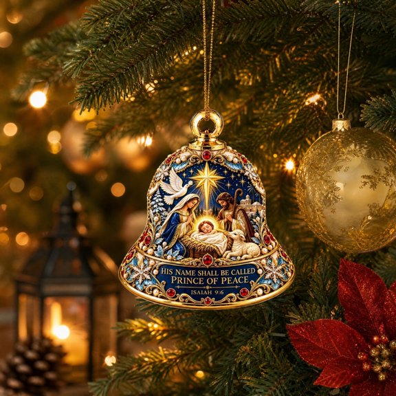 Kuokaa Prince of Peace Nativity Christmas Bell Ornament, Illustrated Christian Nativity Acrylic Hanging Medallion with Religious Bible Scene for Christmas Tree Holiday Faith Decor