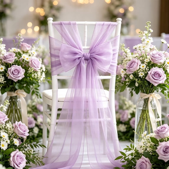Print Shop Reception Kuokaa Purple Sheer Wedding Chair Sash, Organza Mesh Chair Back Bow ...