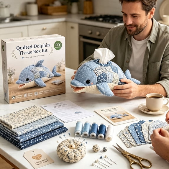 Kuokaa Quilted Sea Animal Tissue Box Cover DIY Sewing Kit with Blue Fabric Panels and Applique Design, Decorative Handmade Dispenser Project adding Coastal Character to Bathroom (Dolphin A)
