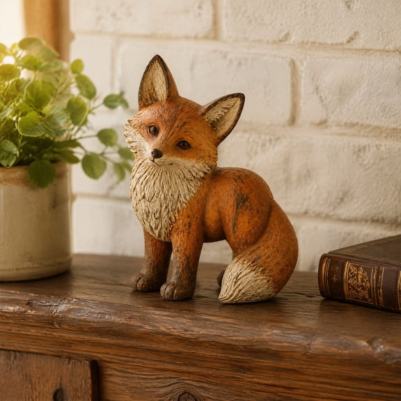 Kuokaa Red Fox Resin Tabletop Figurine, Sitting Woodland Fox Animal Sculpture in Orange Brown Finish for Shelf Mantel Desk Rustic Farmhouse Bedroom Living Room Decor