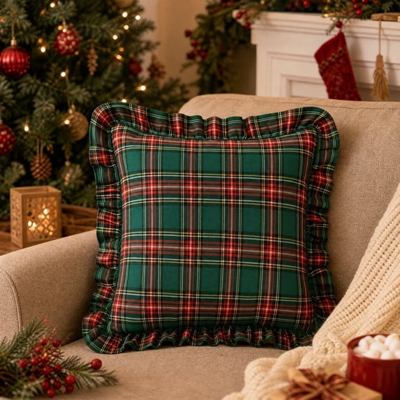 Kuokaa Red Green Yellow Plaid Ruffle Pillow Cover, Christmas Checkered Throw Cushion Case for Sofa, Cover Only