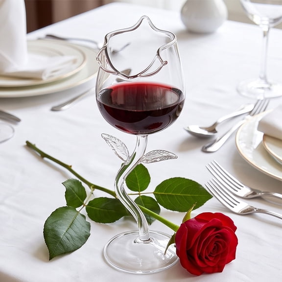 Kuokaa Rose-Shaped Wine Glass, Clear Stemmed Goblet with Floral Silhouette for Dining Table and Decorative Drinkware Display