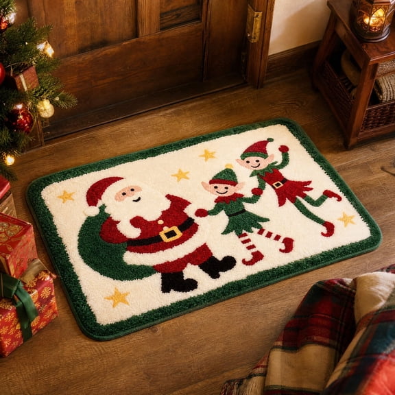 Kuokaa Santa and Dancing Elves Christmas Bath Mat, Flat Printed Soft Indoor Floor Rug, 15.75 x 23.62 in