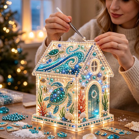 Kuokaa Sea Turtle 3D Christmas House Pearl Diamond Art Kit, LED Lighted Acrylic Beaded DIY Craft House for Christmas Tabletop Holiday Decor
