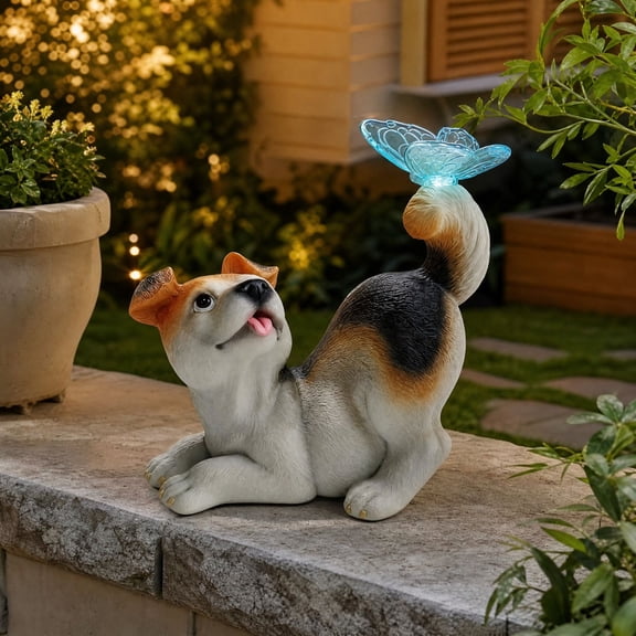 Kuokaa Solar Dog Garden Figurine, Resin Outdoor Puppy Statue with Butterfly Light Accent for Patio Yard and Flower Bed