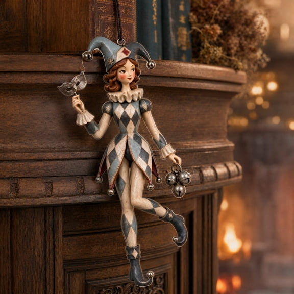 Kuokaa Vintage Harlequin Lady 2D Acrylic Christmas Ornament, Retro Jester Woman Hanging Decoration for Christmas Tree Mantel Window Holiday Decor