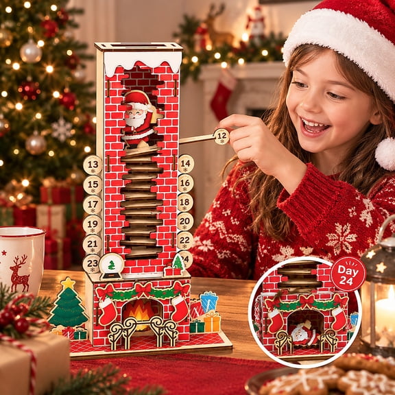 Kuokaa Wooden Christmas Advent Calendar, 17.7 x 8.7 x 3.9 in 24-Day Countdown with Moving Santa Down Fireplace Chimney, Holiday Tabletop Home Decor
