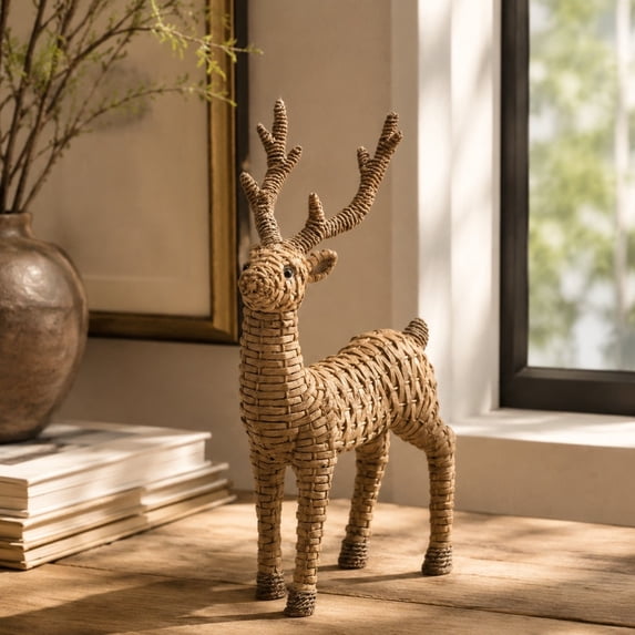 Kuokaa Woven-Look Reindeer Figurine with Textured Brown Body and Antlers, Resin Christmas Tabletop Decoration, 11.02 in (Woven-Look Reindeer)