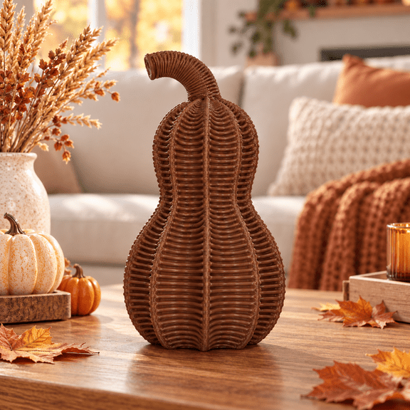 Kuokaa Woven-Look Resin Gourd Pumpkin Decoration, Warm Brown Rustic Fall Tabletop Accent for Shelf Mantel Entryway (Slender Curved)