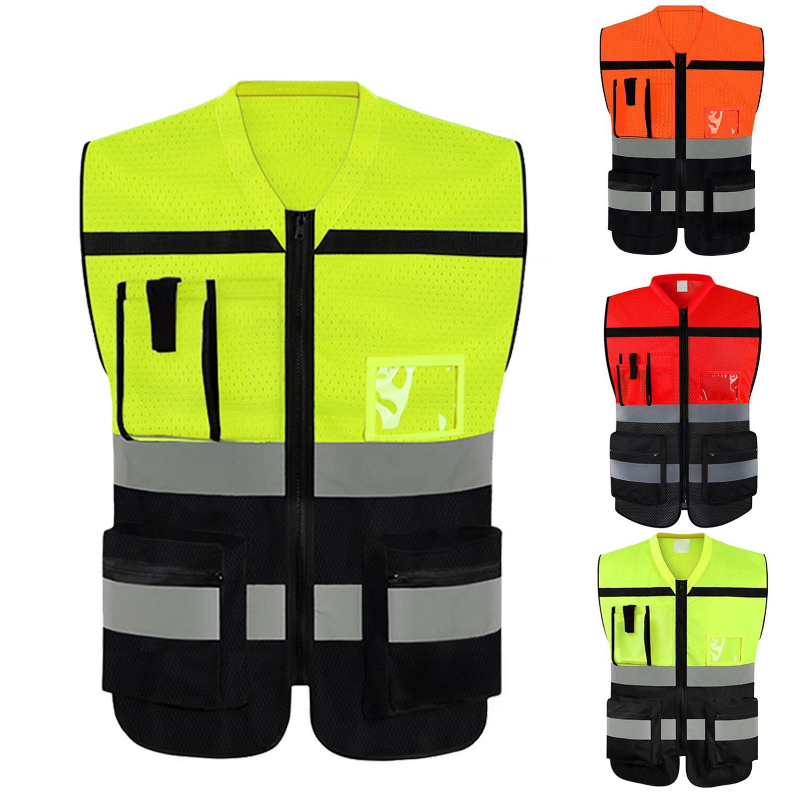 Kuorak Men High-Visibility Reflective Vest V-neck Sleeveless Multi Pockets Design Waistcoat Clear ID Pocket Pen Holder Vest Coat