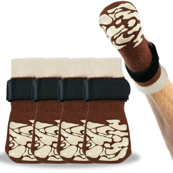 Kuoser Non-Slip Dog Socks for Hardwood Floors & Hot Pavement, Adjustable Pet Socks to Stop Licking and Slipping, Brown, M