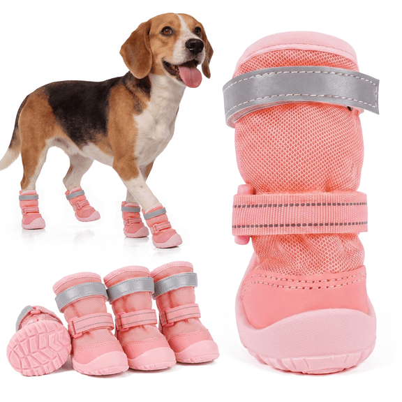 Kuoser 4PCS Breathable Mesh Dog Shoes – Hot Pavement Summer Dog Boots & Paw Protectors, Comfortable for Small Medium Large Dogs,Pink, 4#