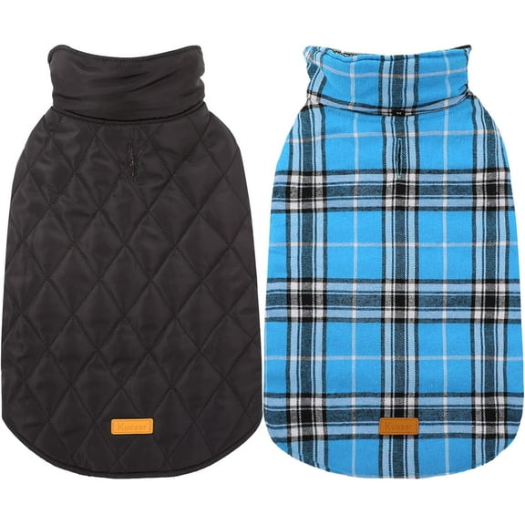 Kuoser Reversible Dog Coat Adjustable British Style Plaid Pet Jacket, Waterproof and Windproof, Blue, L