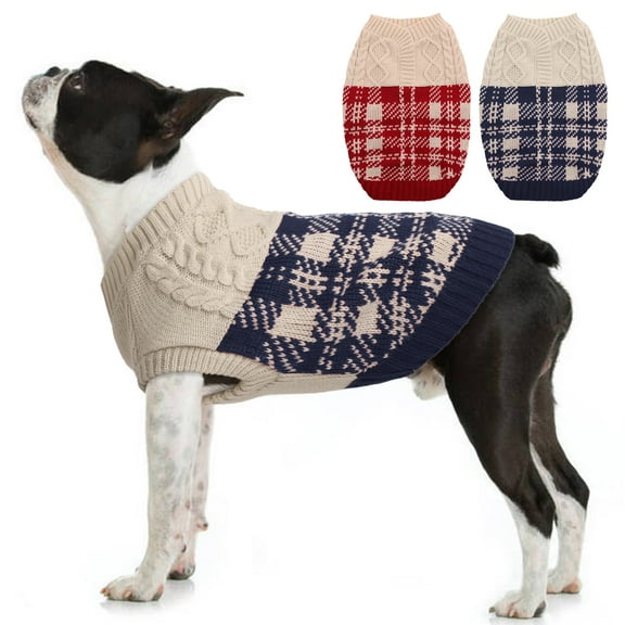 Kuoser Dog Cat Sweater, Warm Puppy Plaid Knitwear Jumper with Knitting Pattern, Soft Cotton Doggie Hoodie Winter/Autumn Pet Pullover Shirt for Small and Medium Dogs Cats, Red & Blue