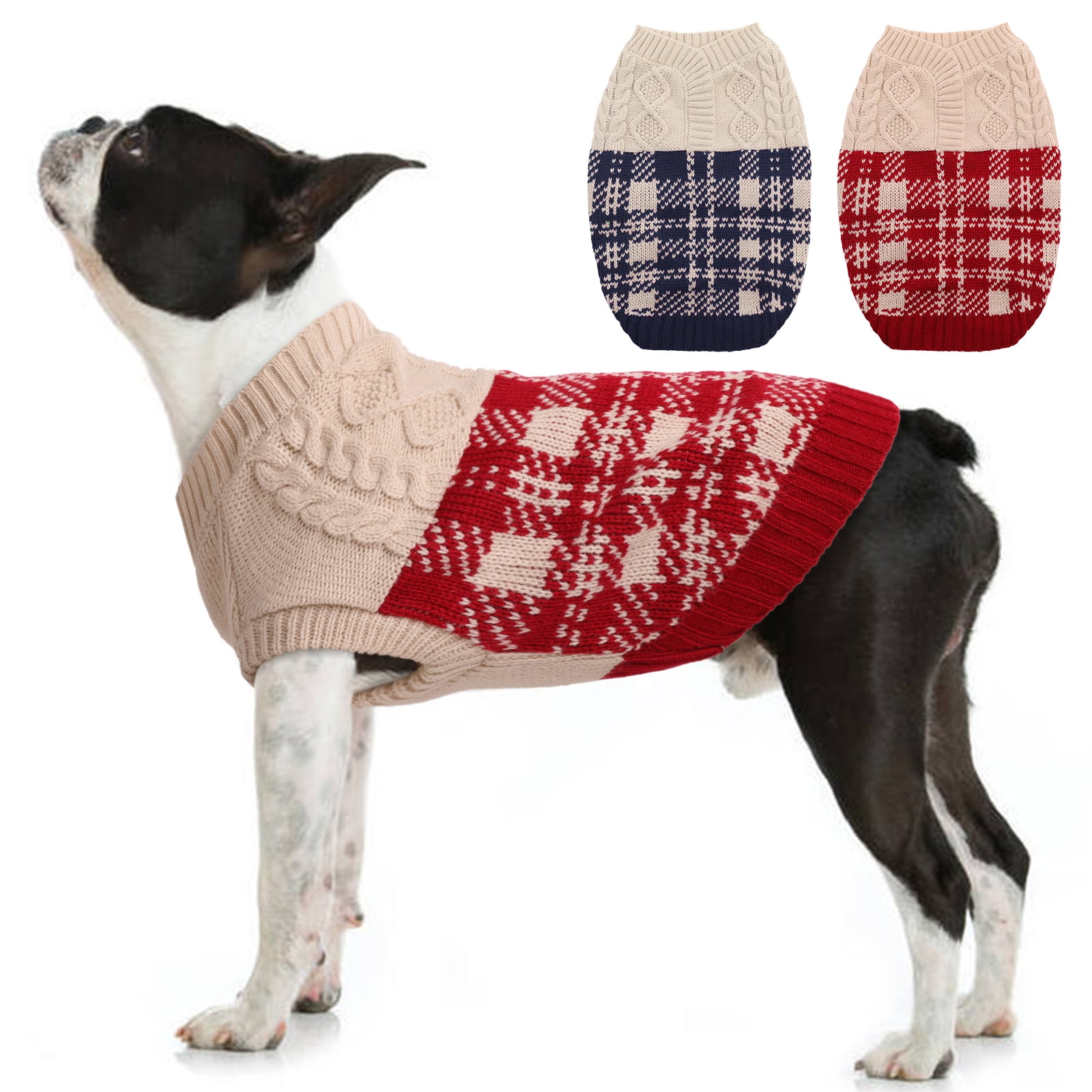 Kuoser Dog Cat Sweater, Warm Puppy Plaid Knitwear Jumper with Knitting