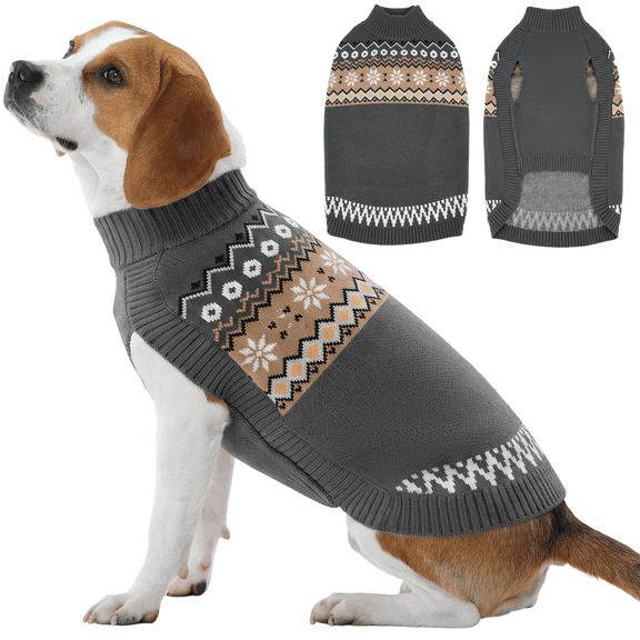 Kuoser Dog Sweater, Fleece Anti-Pilling Pet Clothes, Winter Turtleneck with Snowflake Pattern for Small to Large Dogs, Dark-Gray, M