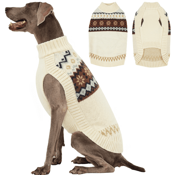 Kuoser Dog Sweater, Fleece Anti-Pilling Pet Clothes, Winter Turtleneck with Snowflake Pattern for Small to Large Dogs, White-Apricot, 3XL