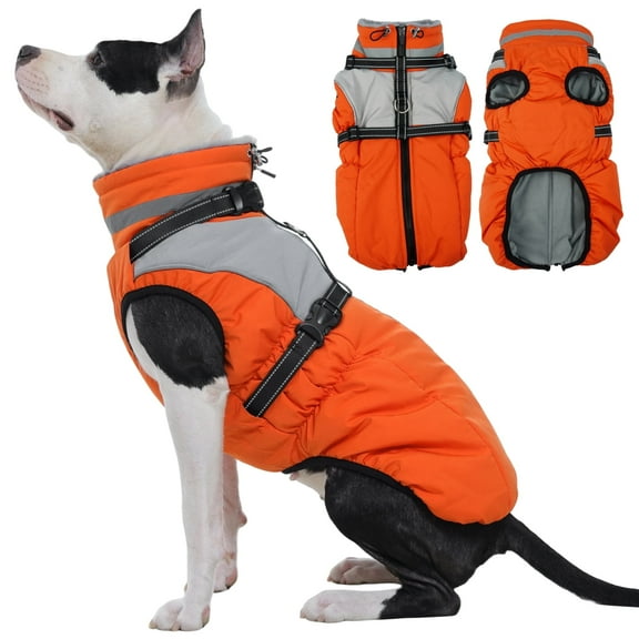 Kuoser Dog Winter Coat, 2 in 1 Pet Jacket with Harness Built in, Medium Dog Clothes, Waterproof and Windproof, Orange