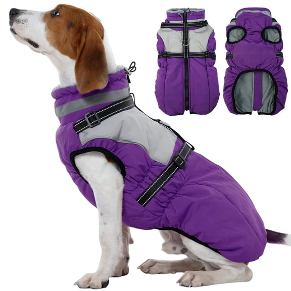 Kuoser Dog Winter Coat, 2 in 1 Pet Jacket with Harness Built in, xs Dog Clothes, Waterproof and Windproof, Purple