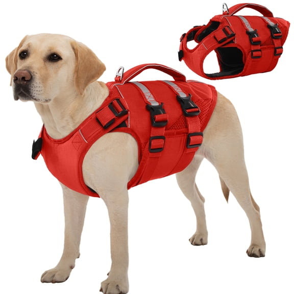 Kuoser Dog Life Jacket, High Flotation Dog Life Vest for Swimming Boating, Red, L