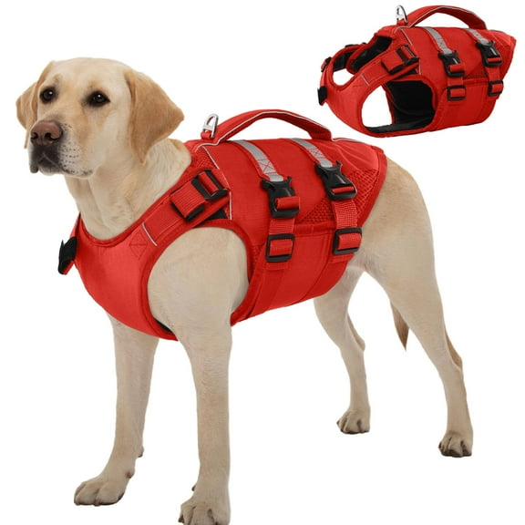 Kuoser Dog Life Jacket, High Flotation Dog Life Vest for Swimming Boating, Red, XL