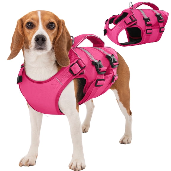 Kuoser Dog Life Jacket, High Flotation Dog Life Vest for Swimming Boating, Rose-red, M