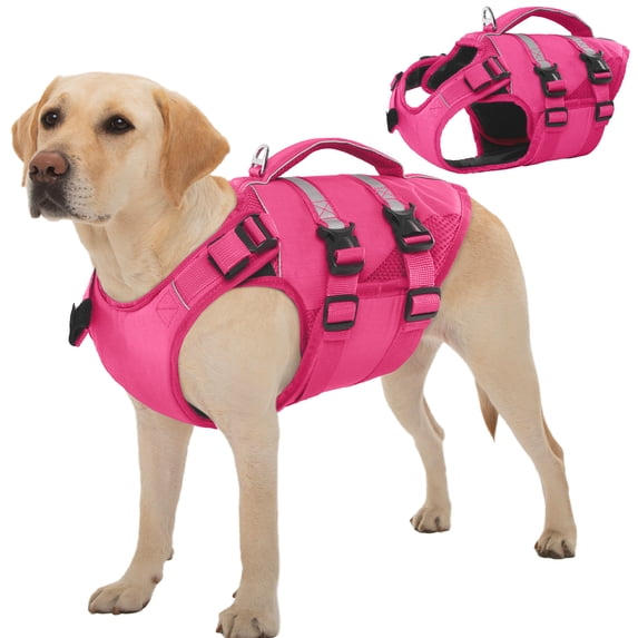 Kuoser Dog Life Jacket, High Flotation Dog Life Vest for Swimming Boating, Rose-red, XL