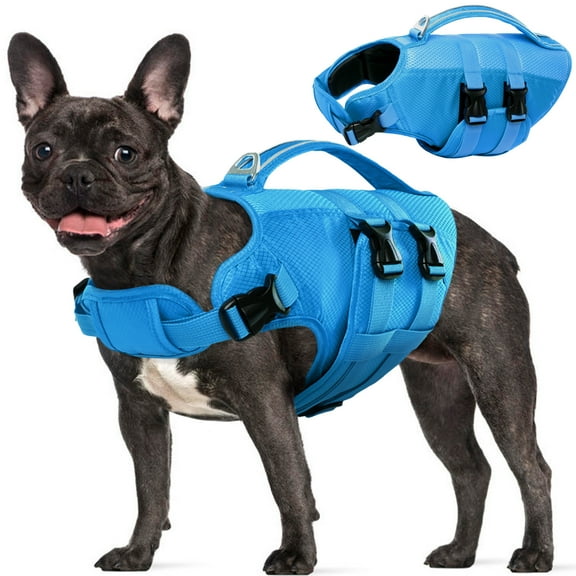 Kuoser Dog Life Jacket, Reflective Life Vest with Rescue Handle for Small Medium Large Dogs, Blue, S