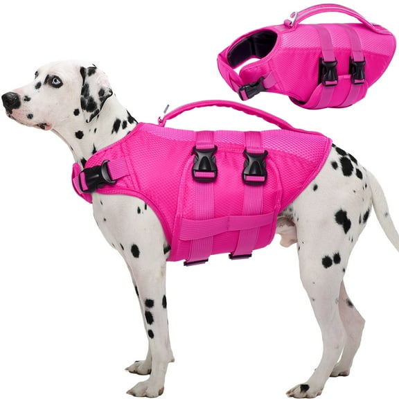 Kuoser Dog Life Jacket, Reflective Life Vest with Rescue Handle for Small Medium Large Dogs, Rosered, M