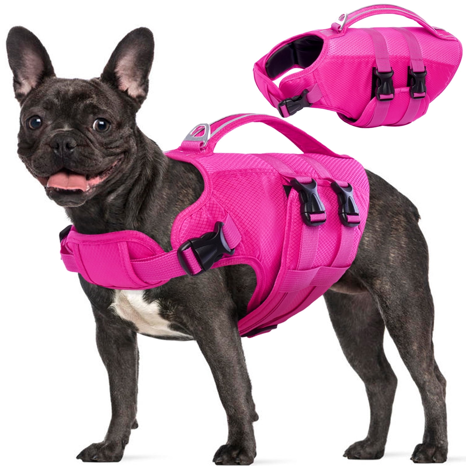 Kuoser Dog Life Jacket, Reflective Life Vest with Rescue Handle for Small Medium Large Dogs, Rosered, S