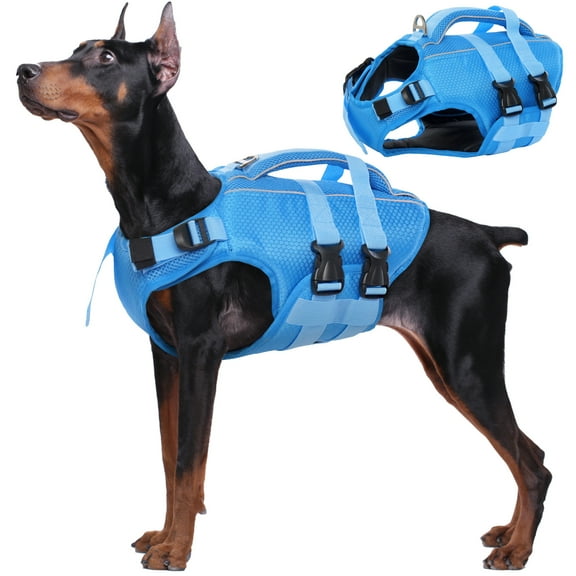 Kuoser Dog Life Jacket, Reflective and Adjustable Dog Life Vest for Small Medium Large Dogs Blue, L