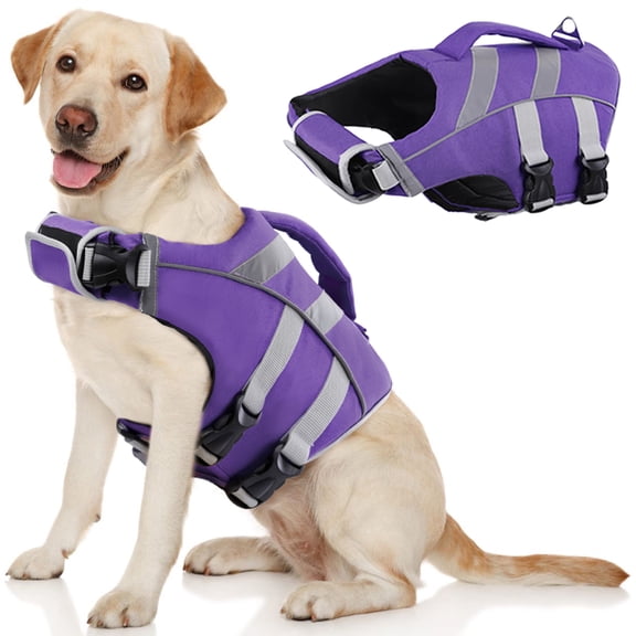 Kuoser Dog Life Jacket with Reflective Stripes, Adjustable Dog Life Vest, Purple, L