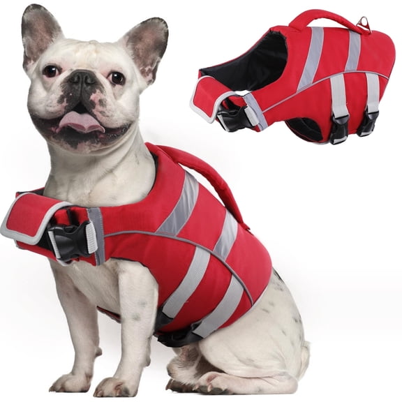 Kuoser Dog Life Jacket with Reflective Stripes, Adjustable Dog Life Vest, Red, S