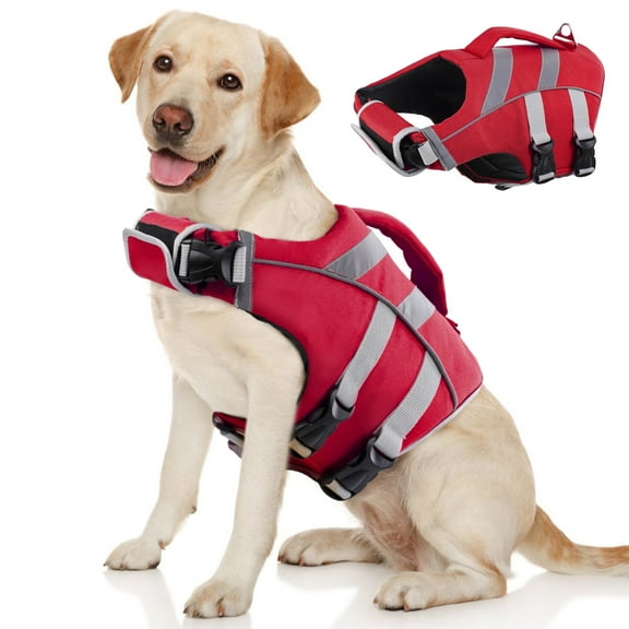 Kuoser Dog Life Jacket with Reflective Stripes, Adjustable Dog Life Vest, Red, XL