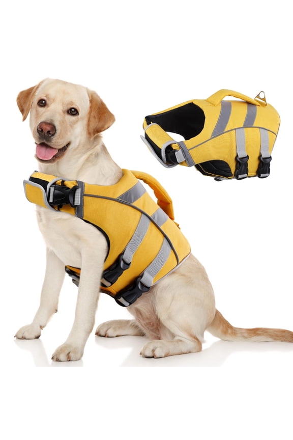 Dog Life Jacket with Reflective Stripes, Adjustable Dog Life Vest, Yellow, XL