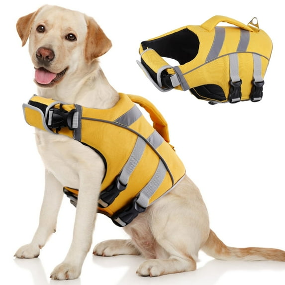 Kuoser Dog Life Jacket with Reflective Stripes, Adjustable Dog Life Vest, Yellow, XL