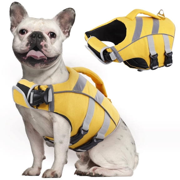 Kuoser Dog Life Jacket with Reflective Stripes, Adjustable Dog Life Vest, Yellow, XS