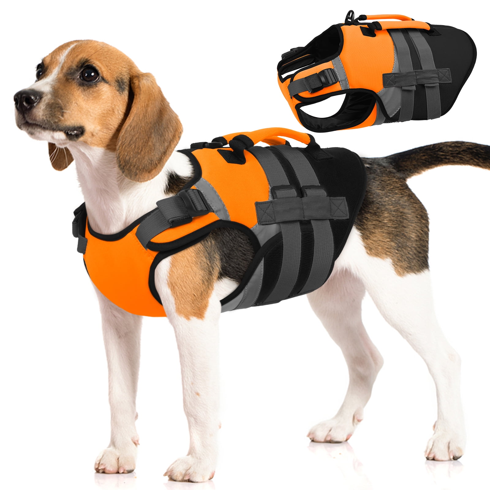 Kuoser Dog Life Jacket with Reflective Strips, Adjustable Life Vest for Small Medium Large Dogs, Orange, L