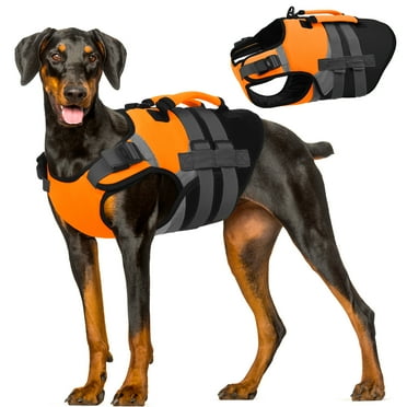 Kuoser Dog Life Jacket with Reflective Strips, Adjustable Life Vest for Small Medium Large Dogs, Orange, XXL