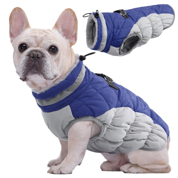 Kuoser Dog Winter Coat, Waterproof Windproof Fleece Padded Jacket with Reflective Trim and Leash Ring for Medium Dogs, Blue, M