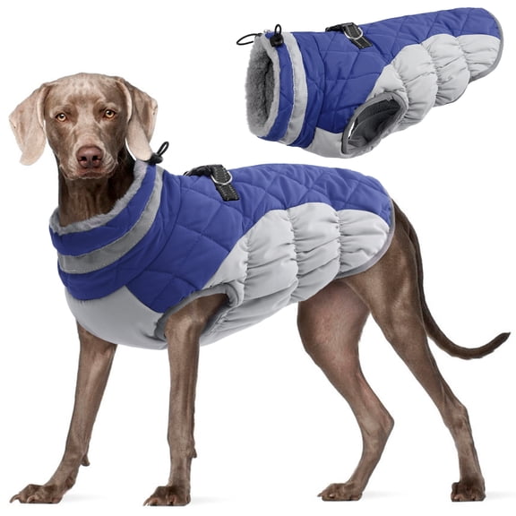 Kuoser Dog Winter Coat, Waterproof Windproof Fleece Padded Jacket with Reflective Trim and Leash Ring for Large Dogs, Blue, 2XL